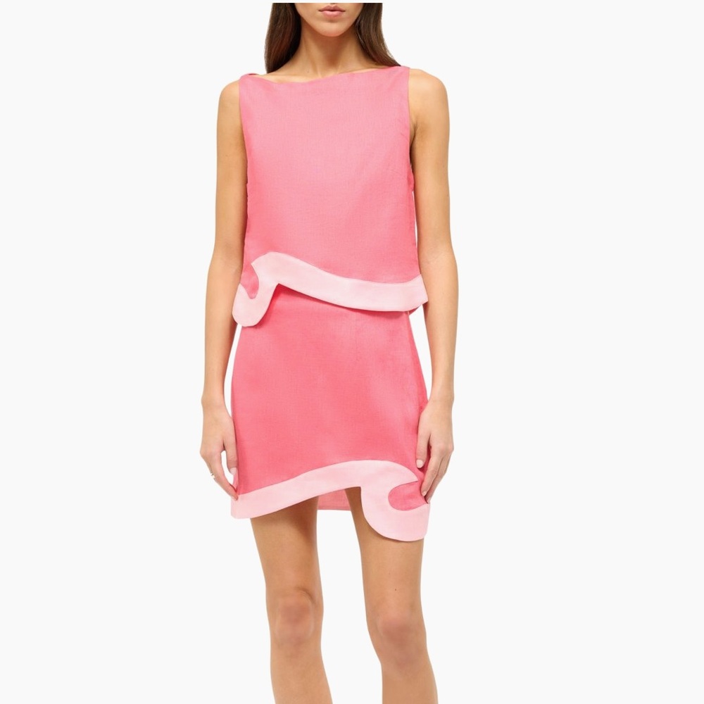 Staud Coral w/Pink Wave Trim 100% Linen Skirt & Top Set
